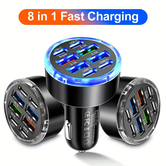 High-Power 8 in1 Multi-Port Car Charger, with QC3.0 and PD, Multiple Protection Features, Phone Charger Car Adapter Socket car plug Lighter, Support Super Fast Charging for all your devices!
