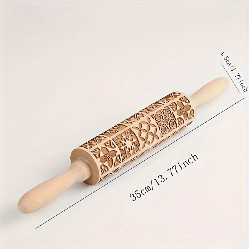 1pc Wooden Embossing Rolling Pin, 13.77"x1.77", Christmas & Halloween Printed, for Pizza, Pies, Dumplings, Noodles, Kitchen Gadgets, Restaurant Home Cooking Supplies