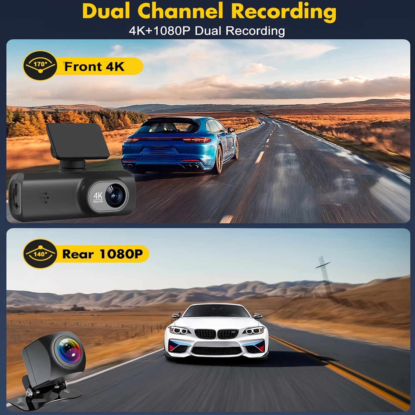 Mini 4K Dash Cam, Dual Lens, WiFi, 64GB