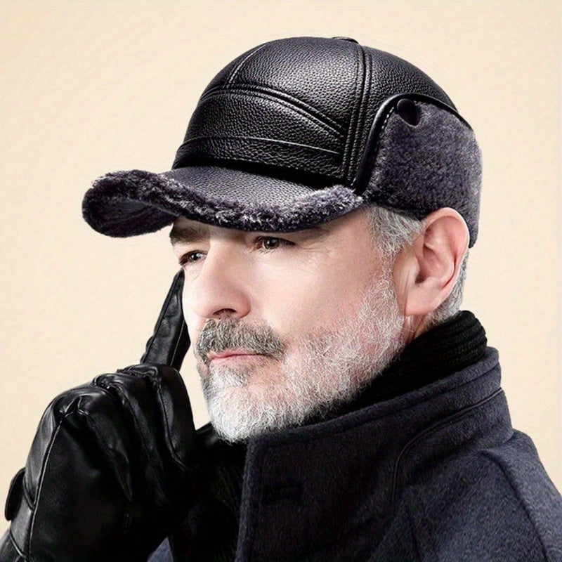 Men's Winter Warm Hat Thickened Ear Flap Cap with Faux Leather