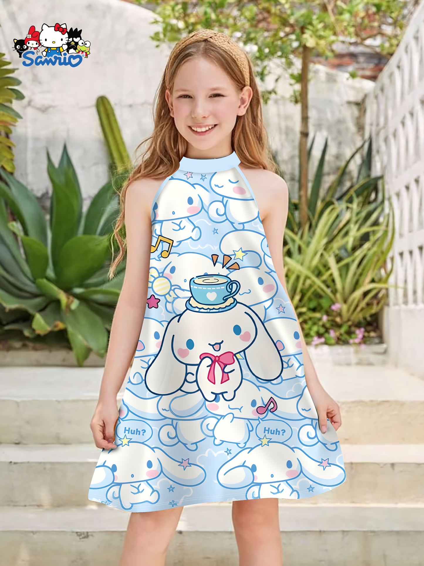 Sanrio Girls' Cute 3D Print Halter Dress - Hello Kitty, Kuromi & My Melody Cartoon Design, White with Blue Background, Sleeveless Summer Dress, Machine Washable, Perfect for Youngsters, Beach Playwear | Cartoon Print Dress |