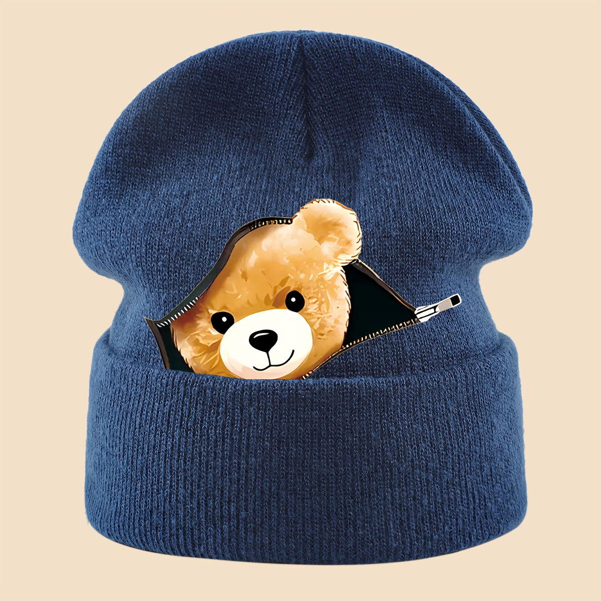 1pc Warm Skull with Zipper Bear Print, Unisex Loose-Fit Beanie for Men and Women - Cozy Fall/Winter Cold Weather Protection, Versatile Casual Hat for Commuting, Travel & Holiday Gifts, Fashionable Headwear, Perfect For Outdoo