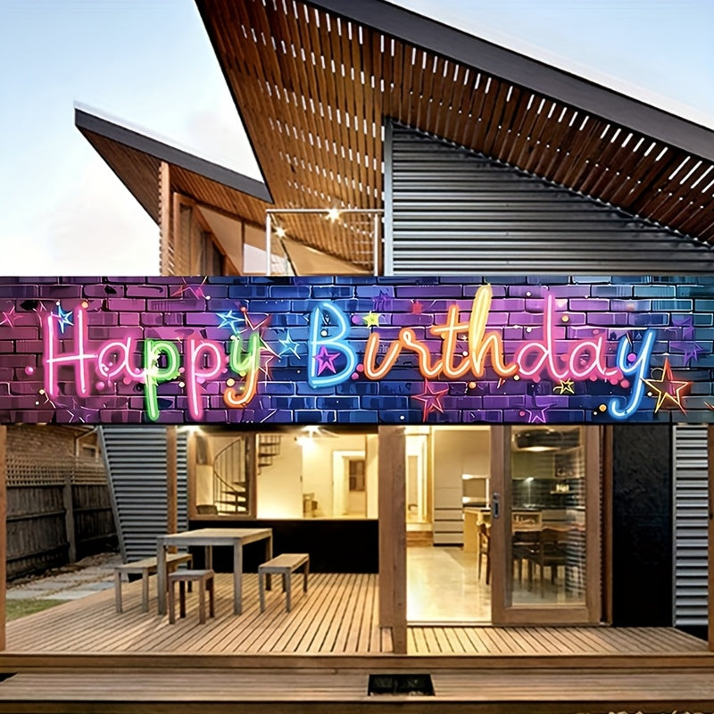 1pc Glow Neon Birthday Long Banner - 78.7"x15.7" Polyester Happy Birthday Garden Yard Decoration with Vibrant Neon Design, Perfect for Outdoor Party Decorations and Celebrations, Celebration Accessory | Festive Party Signage