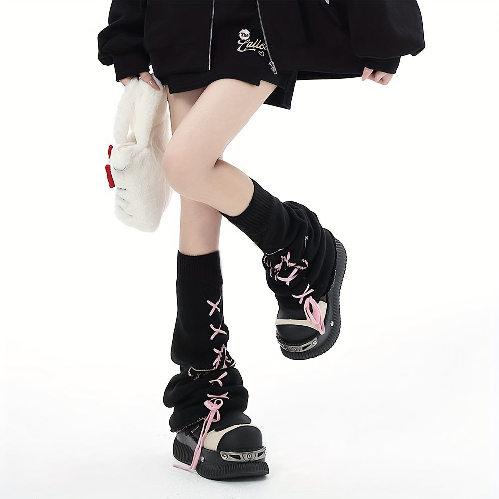1 Pair Autumn/Winter Japanese Style Star Embroidery Cross Strap Flare Socks Set Y2K Harajuku Color Block Five-Pointed Star Cosplay Wide-Leg Leggings