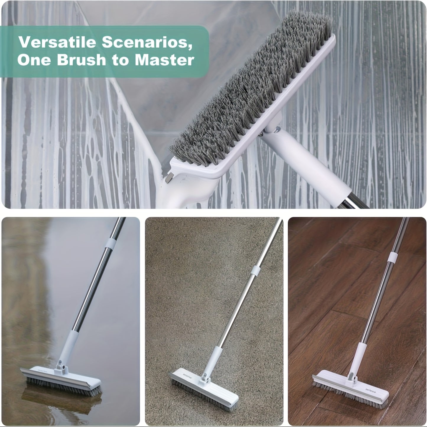 2-in-1 Heavy-Duty Floor Scrub Brush with Long Handle - Stainless Steel & Plastic, Rotating Head for Easy Cleaning of Floors, Carpets, Walls, Patios, Bathrooms