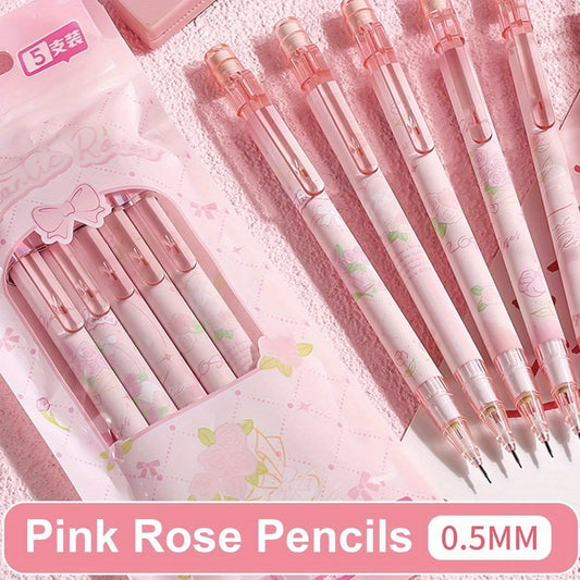 5pcs Cute Pink Mechanical Pencils 0.5mm Cartoon Rose Mechanical Pencil Kawaii Pencils School Pencil for Students Girls Boys Women Office School Suppies (5pcs Pink Rose)