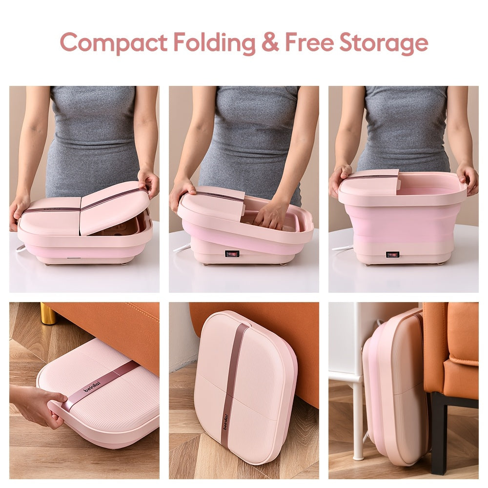 Foot Bath Spa Pool with Heating, Bubble Massage and Vibration Functions, Foldable Foot Bath, 2 Foot Roller, Acupressure Massage Points, Red Light and Foot Scrubber
