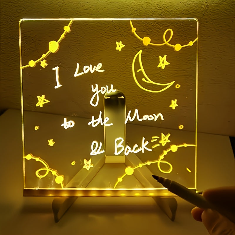 [1pc Luminous LED Drawing Board] 1pc Luminous Drawing Board, Creative Design Transparent Acrylic LED Light Panel, USB Powered Erasable Graffiti Board with 7 Color Markers, Desktop Memo Pad with Stand, Ideal for Home, Office D