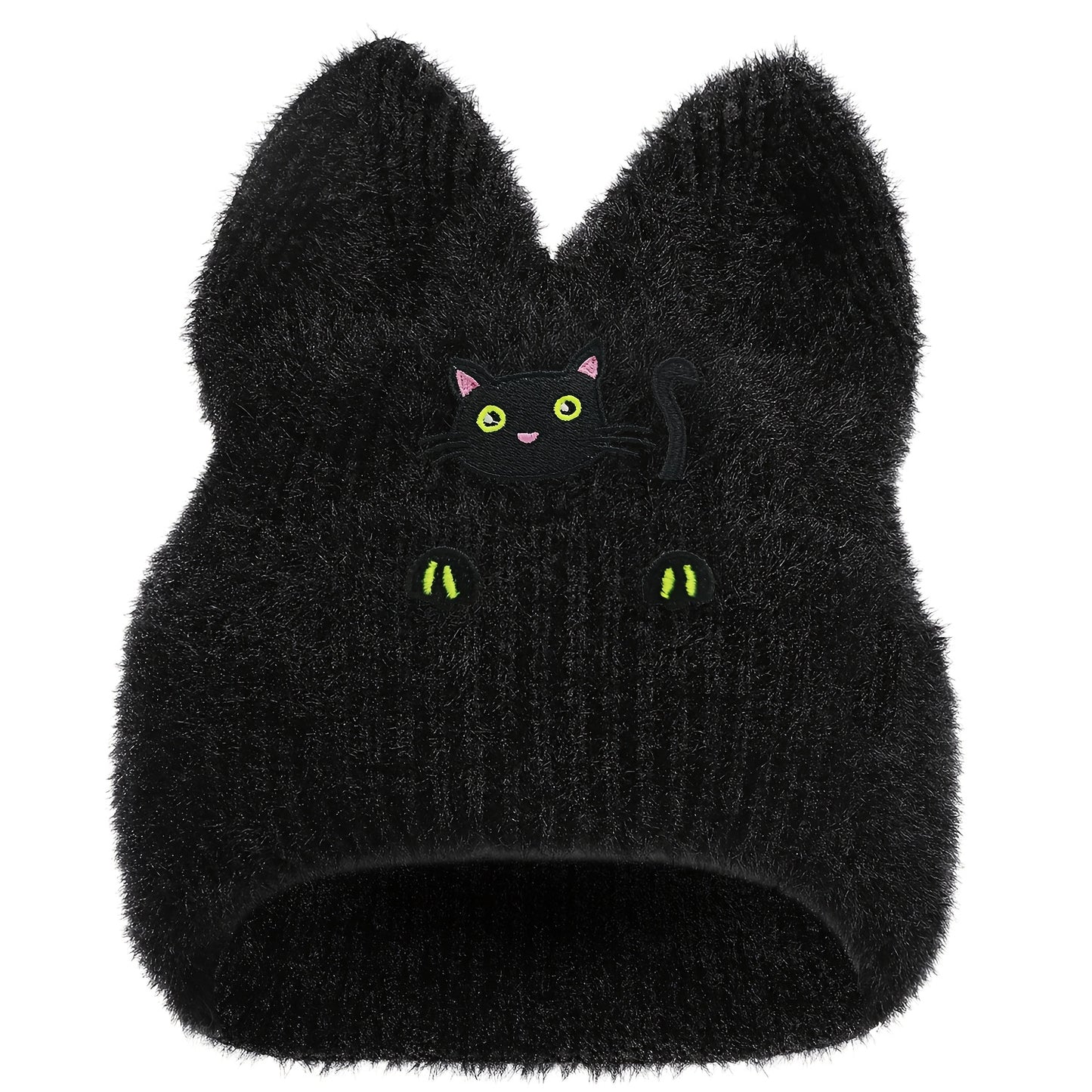 Black Cat Winter Knit Skull Cap with Cat Ears