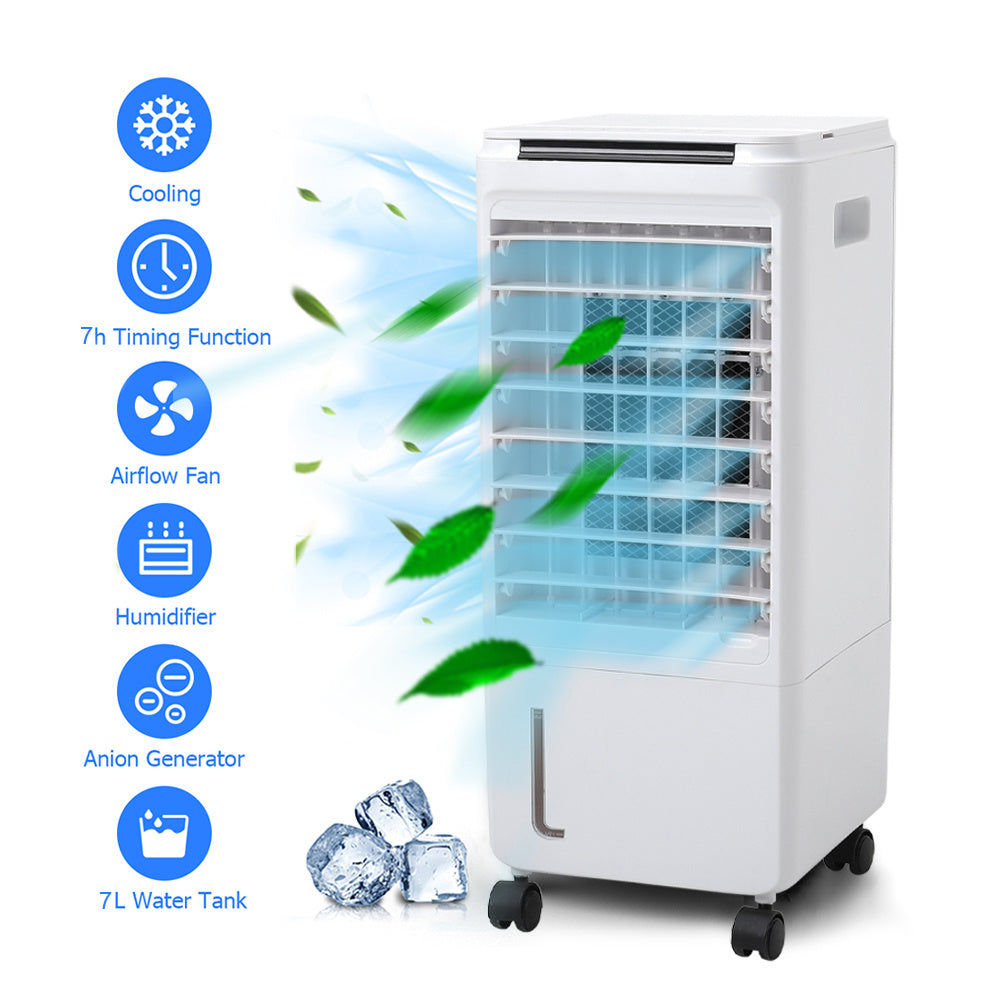 Evaporative Air Cooler, Room Cooler with 2 Ice Trays, 4 In 1 Air Cooler Cool Fan Humidifier Air Purifier, Evaporative Cooler for Home Office, Cooler Fan with Wheel, 7L Water Tank