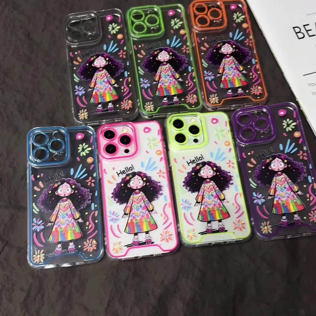 Adorable Curly Hair Girl with Luminous Anti-Fall Mobile Phone Case for iPhone15 Pro 14 Plus 13 12 11ProMax Full Protection Back Cover