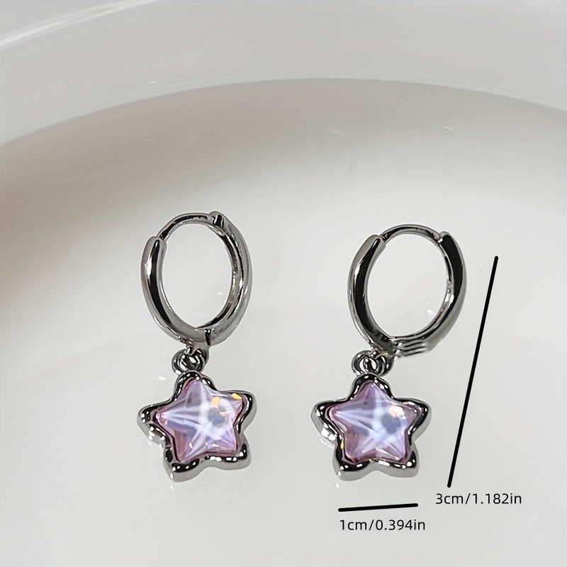 Pretty Pink Star Pendant Hoop Earrings Alloy Jewelry Synthetic Gems Inlaid Elegant Leisure Style for Women Dating Earrings, Gift for Eid, Ramadan