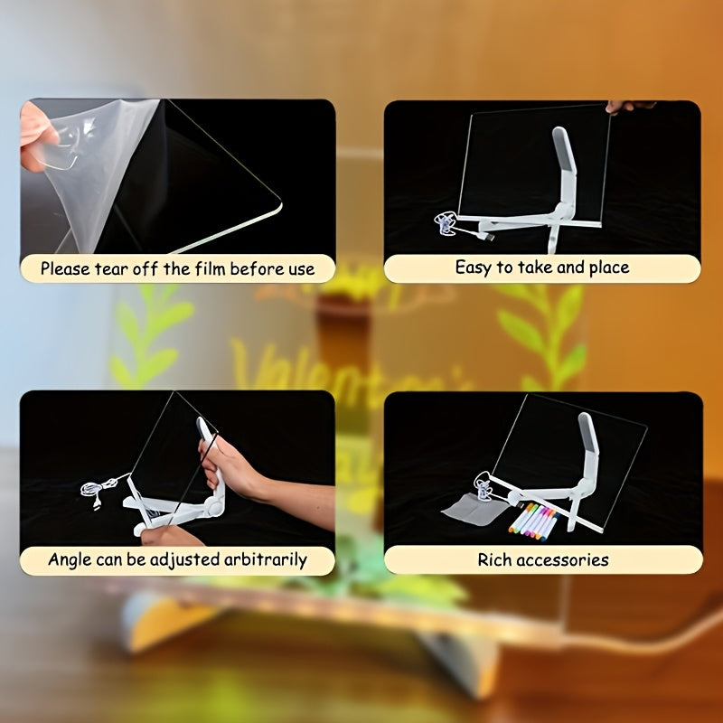 [1pc Luminous LED Drawing Board] 1pc Luminous Drawing Board, Creative Design Transparent Acrylic LED Light Panel, USB Powered Erasable Graffiti Board with 7 Color Markers, Desktop Memo Pad with Stand, Ideal for Home, Office D
