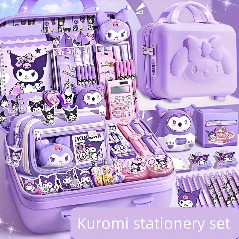 [Kuroko's Complete Supplies] 27pcs Kuromi Stationery Set | Cute Purple Plush-like Gift with Diary, Stickers & Lunchbox-Style Case.
