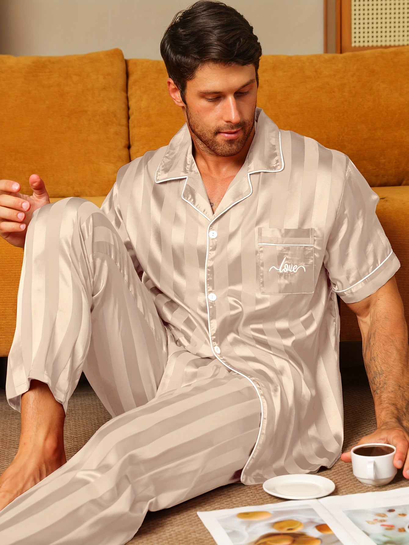 2pcs Men'S Pajama Set Short Sleeve Long Pants Thin Stripes with Embroidered Letters Summer Collar Cardigan Home wear Set
