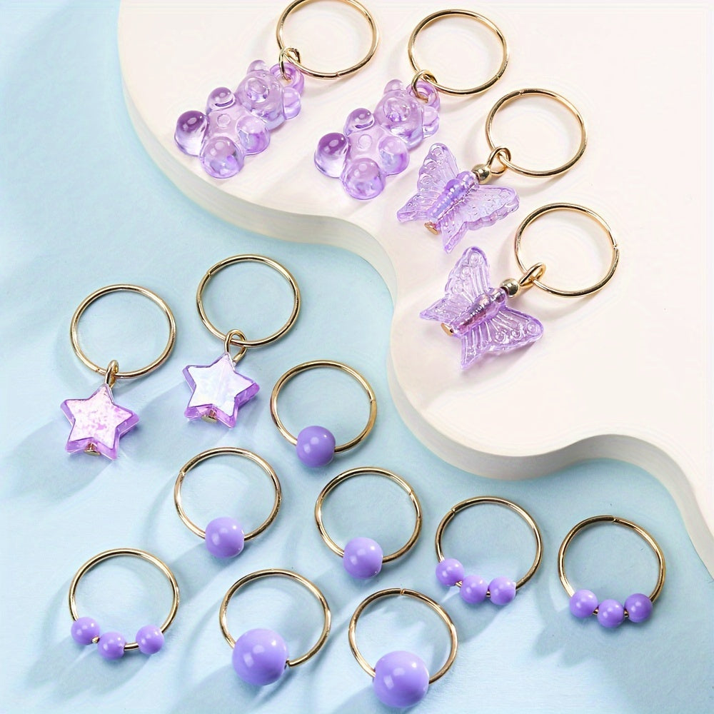 14pcs Shiny Butterfly Bear Hair Braid Rings | Star Crystal Rhinestone Hair Clips Cuffs Charms, Hair Jewelry Decoration for Women and Cool Girls