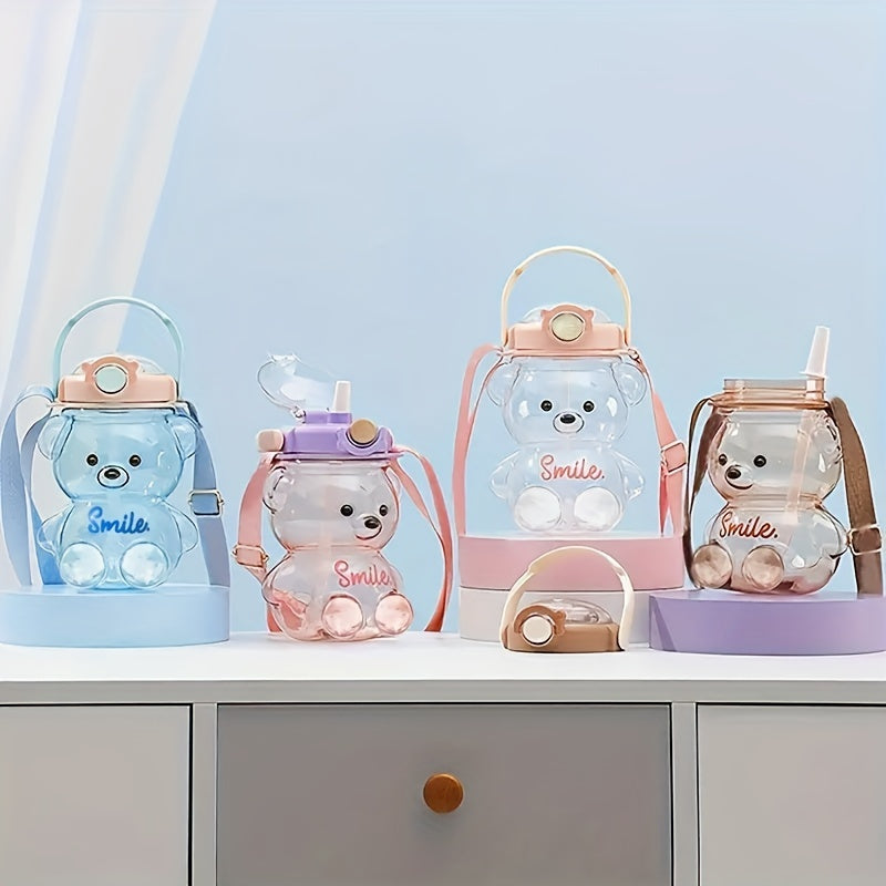 1pc Cute Bear Handheld Water Bottle, 34 oz/1000ml Large Capacity, PC Material, Flip Top, Straw Lid, Uncharged - Ideal for Milk, Tea, and More