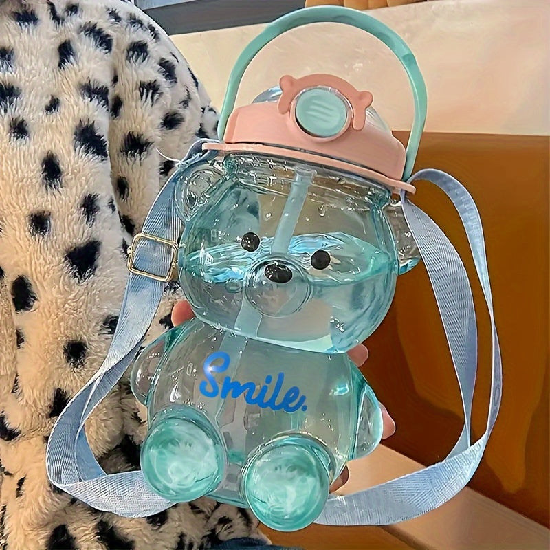 1pc Cute Bear Handheld Water Bottle, 34 oz/1000ml Large Capacity, PC Material, Flip Top, Straw Lid, Uncharged - Ideal for Milk, Tea, and More
