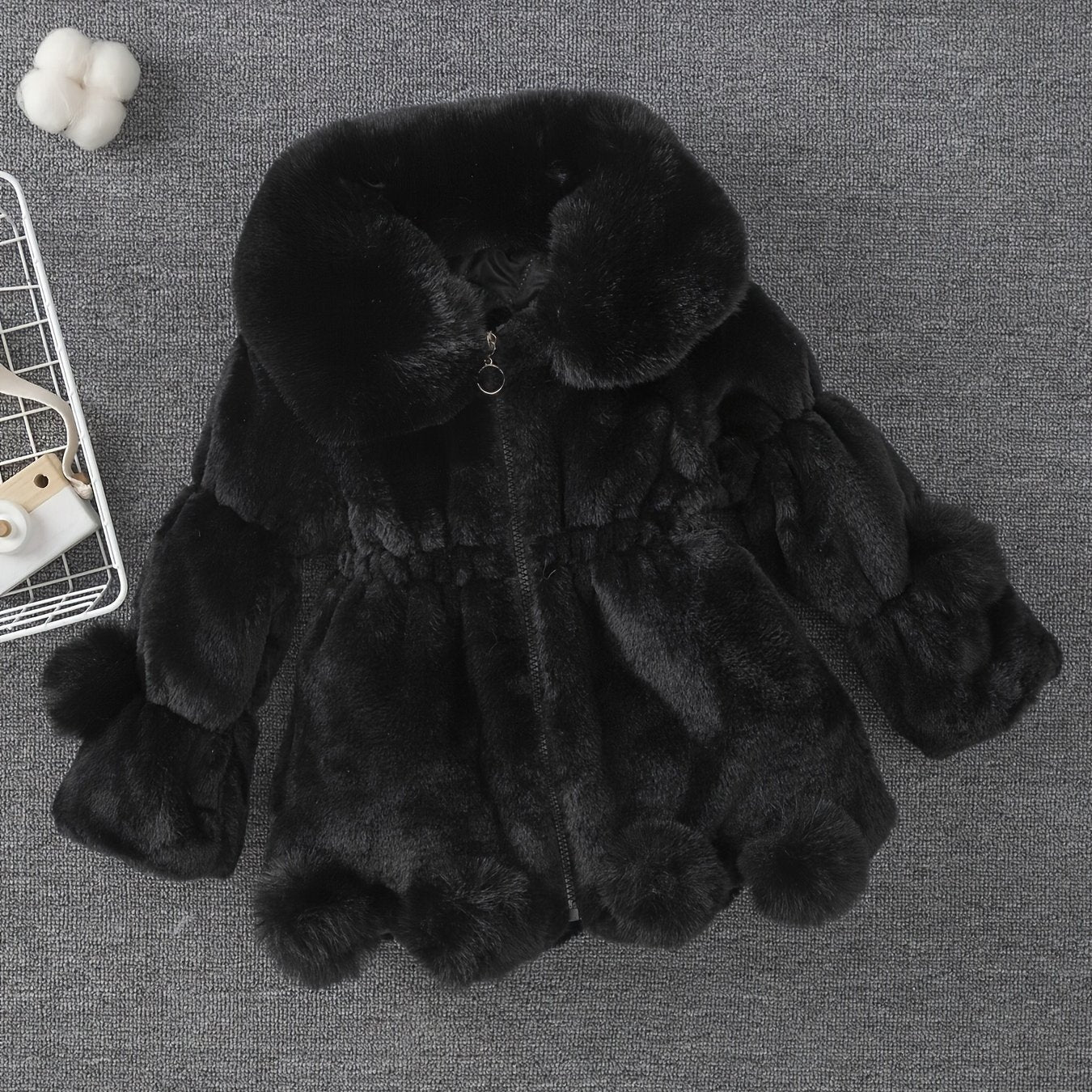 Girls' Winter Coat with Plush Fur-Lined Hood - Thick Fleece-Lined Zipper Front, Flared Hem & Pom-Pom Details, Cute Solid Color Outerwear for Fall/Winter, Cozy Warm Jacket for Cold Weather, Cozy Winter Wear, Playful Design, So