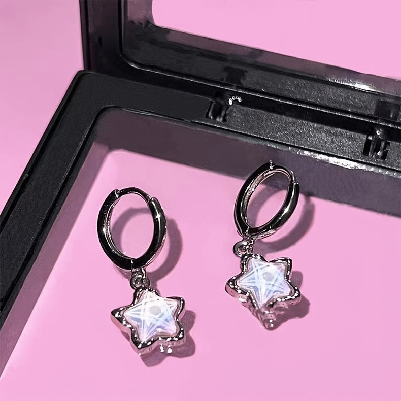 Pretty Pink Star Pendant Hoop Earrings Alloy Jewelry Synthetic Gems Inlaid Elegant Leisure Style for Women Dating Earrings, Gift for Eid, Ramadan
