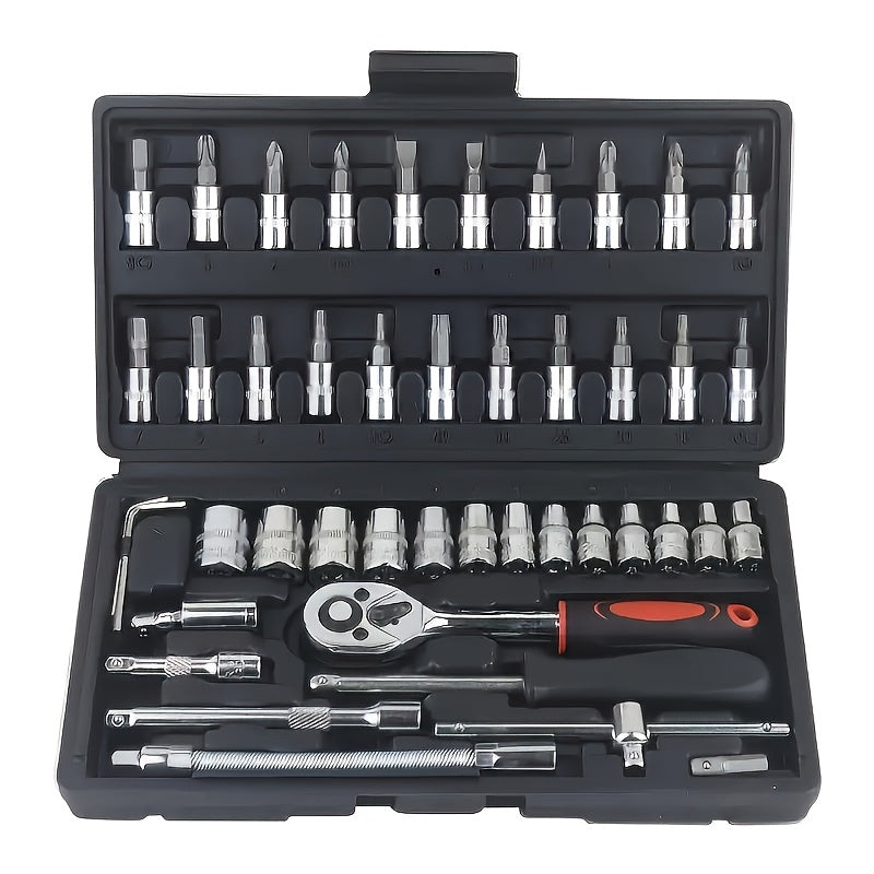43pcs 1/4" Heavy-Duty Socket Set With Quick-Release Ratchet, Screwdriver Kit, And Extension For Manual Use On Automobiles And Trucks - Includes Durable Iron Construction,