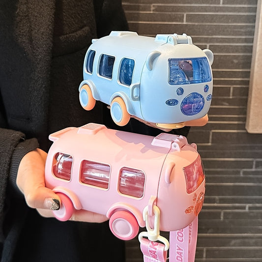 Portable Cute 500ml/17oz Soft Straw Water Cup - 1pc Bus Shaped Water Bottle with Shoulder Strap - For Outdoor Sports, Fitness, Travel