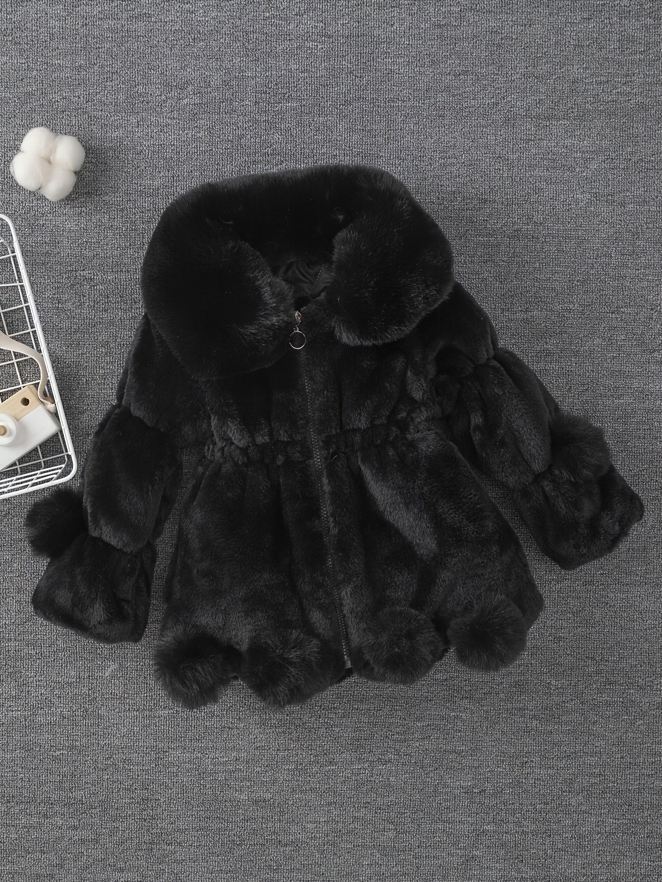 Girls' Winter Coat with Plush Fur-Lined Hood - Thick Fleece-Lined Zipper Front, Flared Hem & Pom-Pom Details, Cute Solid Color Outerwear for Fall/Winter, Cozy Warm Jacket for Cold Weather, Cozy Winter Wear, Playful Design, So