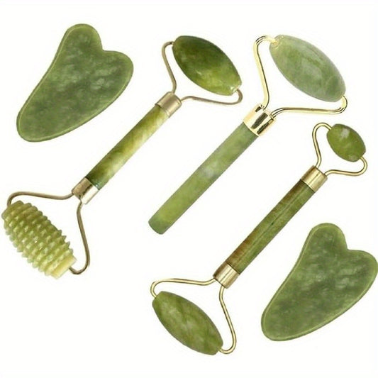 4-in-1 Natural Jade Roller and Gua Sha Set – Eye & Face Massager, No Battery Needed