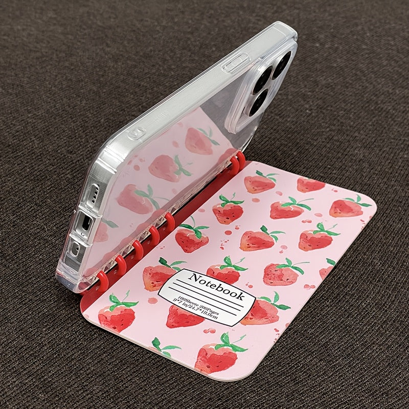 TPU Material New Book Flip Style Pink Background Strawberry Print Mobile Phone Case Suitable for Apple Series 11, 12, 13, 14, 15, 16pro mox Samsung Series 23, 24UItra