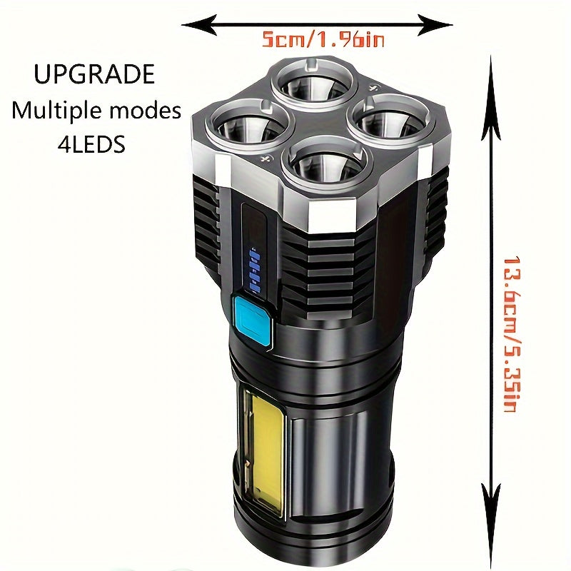 Super Bright 4 LED Tactical Flashlight with COB Side Lamp - USB Rechargeable, Metal Finish, 200 Lumens, 150m Range, ABS Material, No Laser, Rechargeable Battery, Tactical Flashlight|Modern Flashlight|Durable Construction, LED