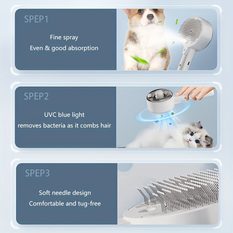 1pc 3-in-1 Electric Pet Grooming Brush for Cats & Dogs - USB Rechargeable Steam Comb with Spray, UV Aseptic Floating Hair Removal, Gentle Detangling Brush for All Breeds, Indoor Pet Care | Sleek Grooming Tool | Gentle Pet Bru