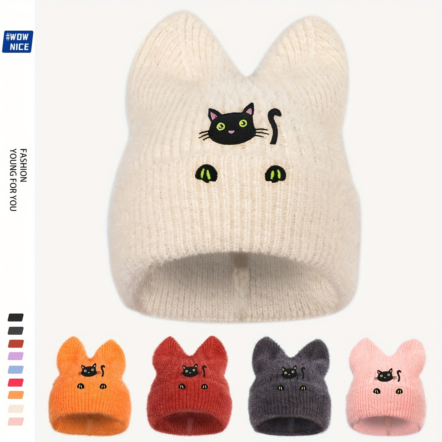 Women's & Men's Black Cat Ear Beanie Hat with Hand