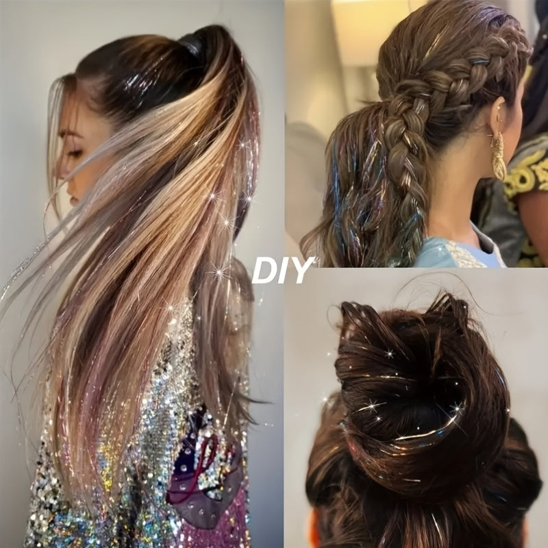 12-Pack Unisex-Adult Metallic Tinsel Hair Tinsel Extensions, No Trace Clip-In Colorful Strands, Heat Resistant Shiny Glitter Sequins for Party Cosplay Festive Role Play