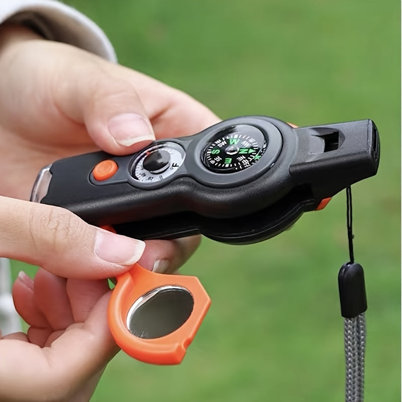 7-in-1 Survival Whistle with Compass, Magnifying Glass, Thermometer, and Emergency Functionality – Durable ABS Material, Black & Orange Design, Perfect for Outdoor Adventures
