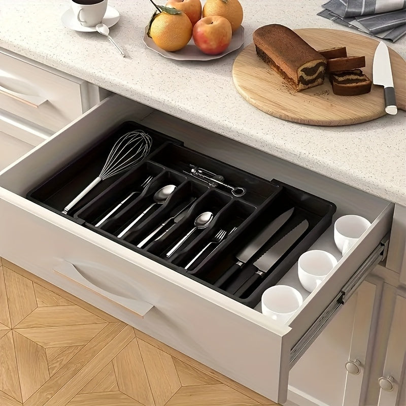 1pc Expandable Kitchen Drawer Organizer for Silverware, Adjustable Plastic Utensil Holder for Spoons, Forks, Knives - Large Capacity Storage Box, Kitchen Drawer Organizer|Sleek Black Finish|Durable Plastic Construction, Utens