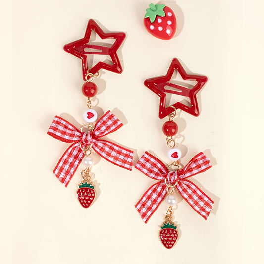 2pcs Kawaii Star Shaped Snap Hair Clips | Polyester Material, Long Tails, Tartan Bow, Cute Strawberry Decor, Fruit Themed Hair Bow Accessories for Teens, Casual Daily Wear, Novelty Hair Accessories, Playfu