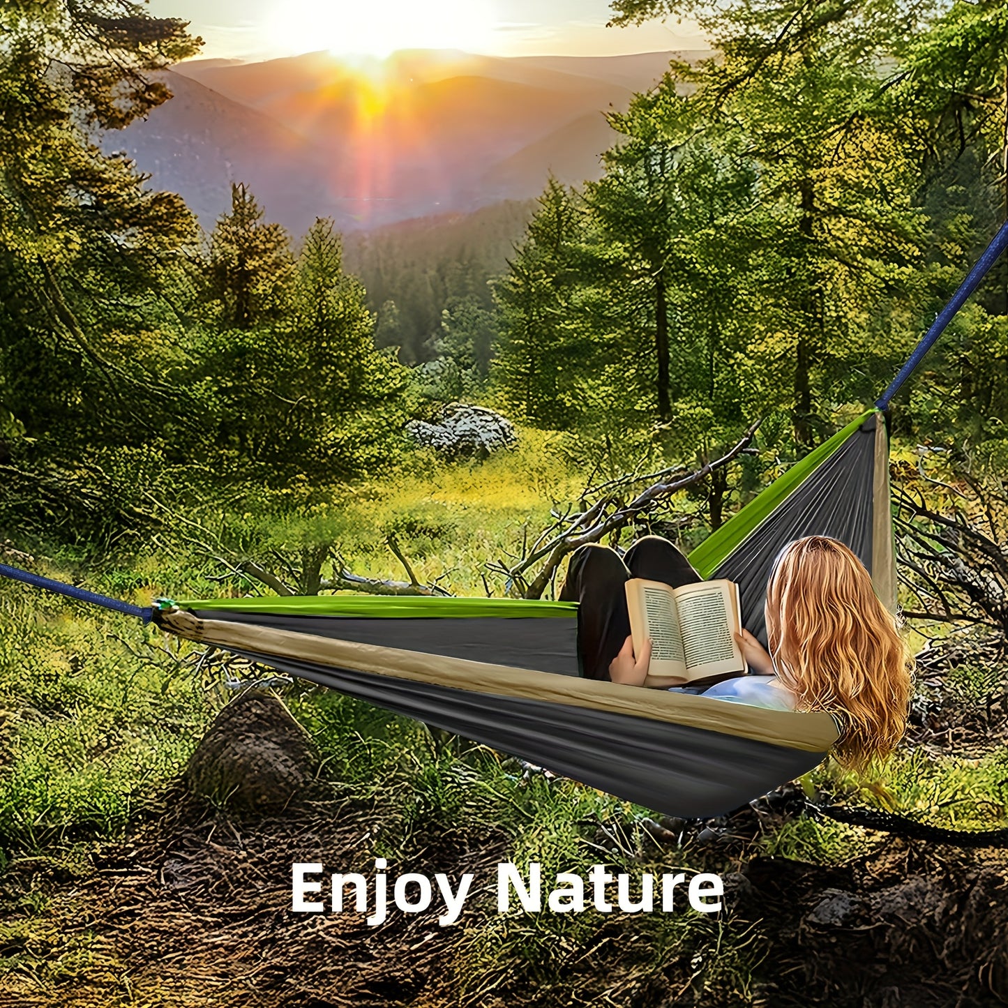 Extra-Large Double Camping Hammock, 3m x 2m (300*200cm), Includes Two 2m Tree Straps, Two D-Shaped Stainless Steel Hooks, and a Storage Bag, Each Tree Strap 8+1 Rings, Portable Hammock Made of 210T Parachute Material. Durable