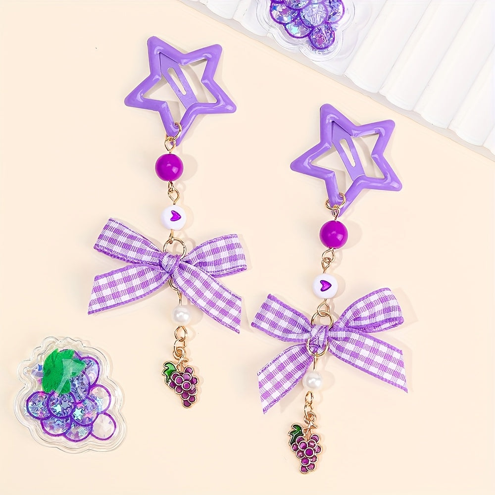 2pcs Kawaii Star Shaped Snap Hair Clips | Polyester Material, Long Tails, Tartan Bow, Cute Strawberry Decor, Fruit Themed Hair Bow Accessories for Teens, Casual Daily Wear, Novelty Hair Accessories, Playfu