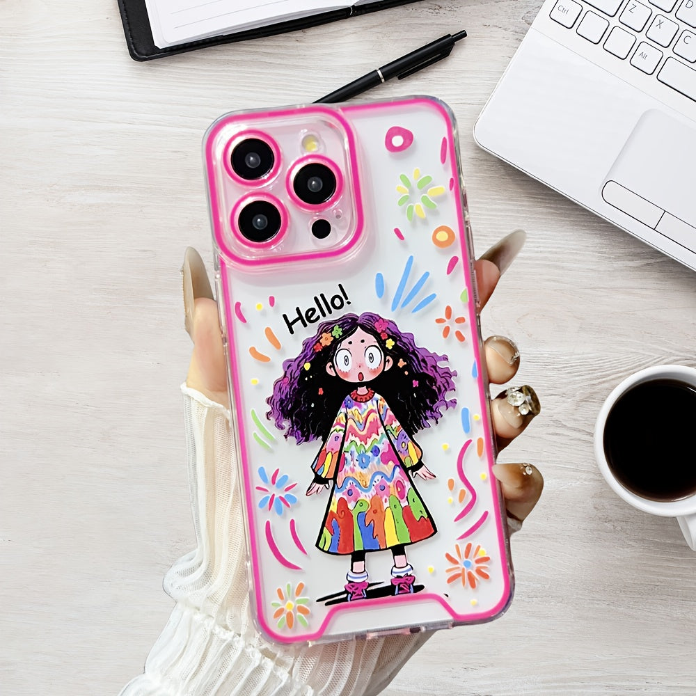 Adorable Curly Hair Girl with Luminous Anti-Fall Mobile Phone Case for iPhone15 Pro 14 Plus 13 12 11ProMax Full Protection Back Cover