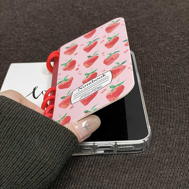 TPU Material New Book Flip Style Pink Background Strawberry Print Mobile Phone Case Suitable for Apple Series 11, 12, 13, 14, 15, 16pro mox Samsung Series 23, 24UItra