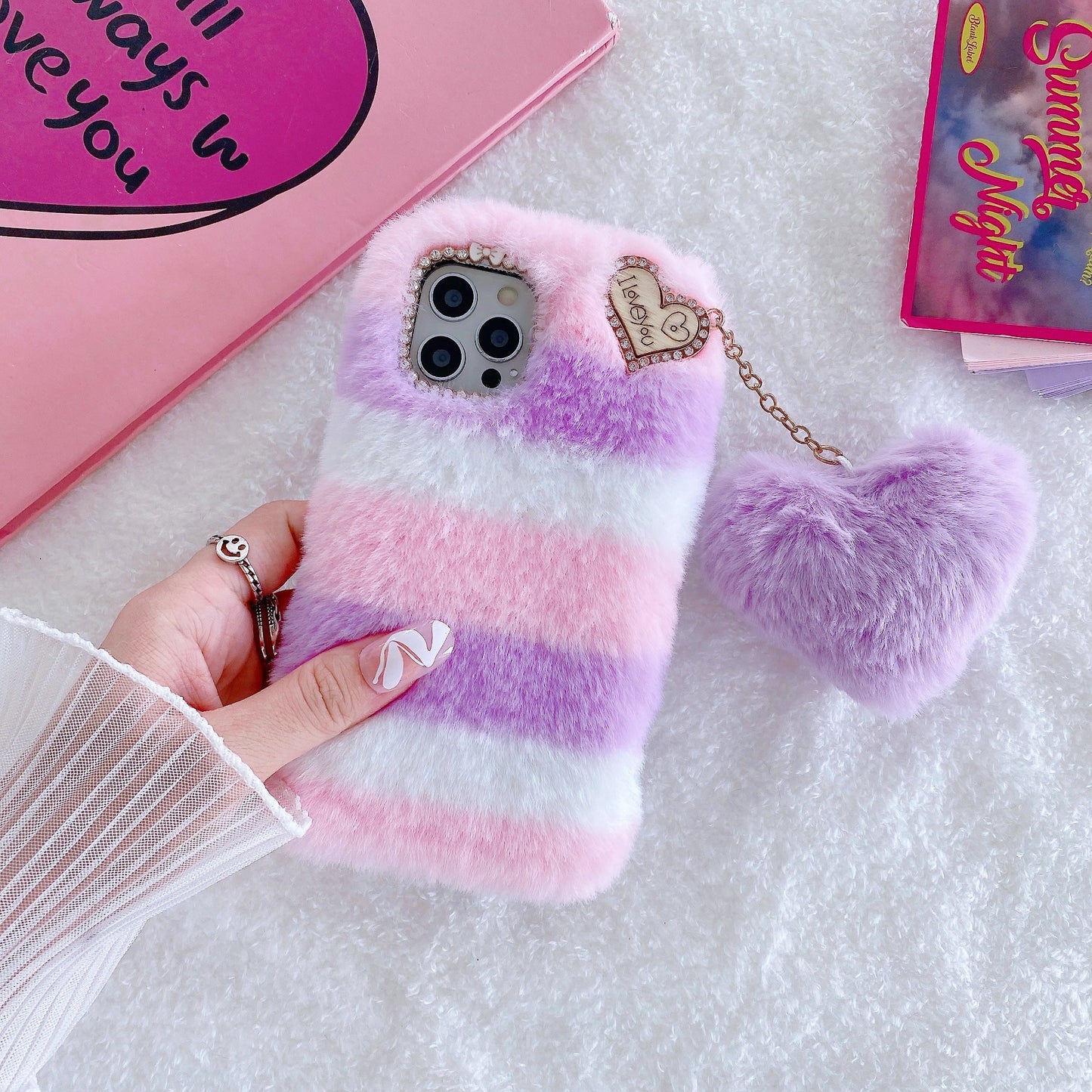 Plush Phone Case with a Purple Heart Pendant