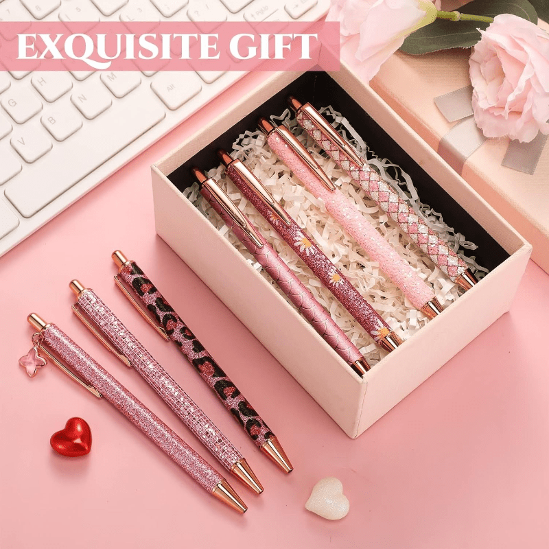 [5pcs Crystal Pens] 5pcs Metal Ballpoint Pens Set, Crystal Diamond Pen for Journaling | Glitter Stationery, Black Fancy Gifts for Teacher Office Wedding Back to School Christmas Graduation Supplies