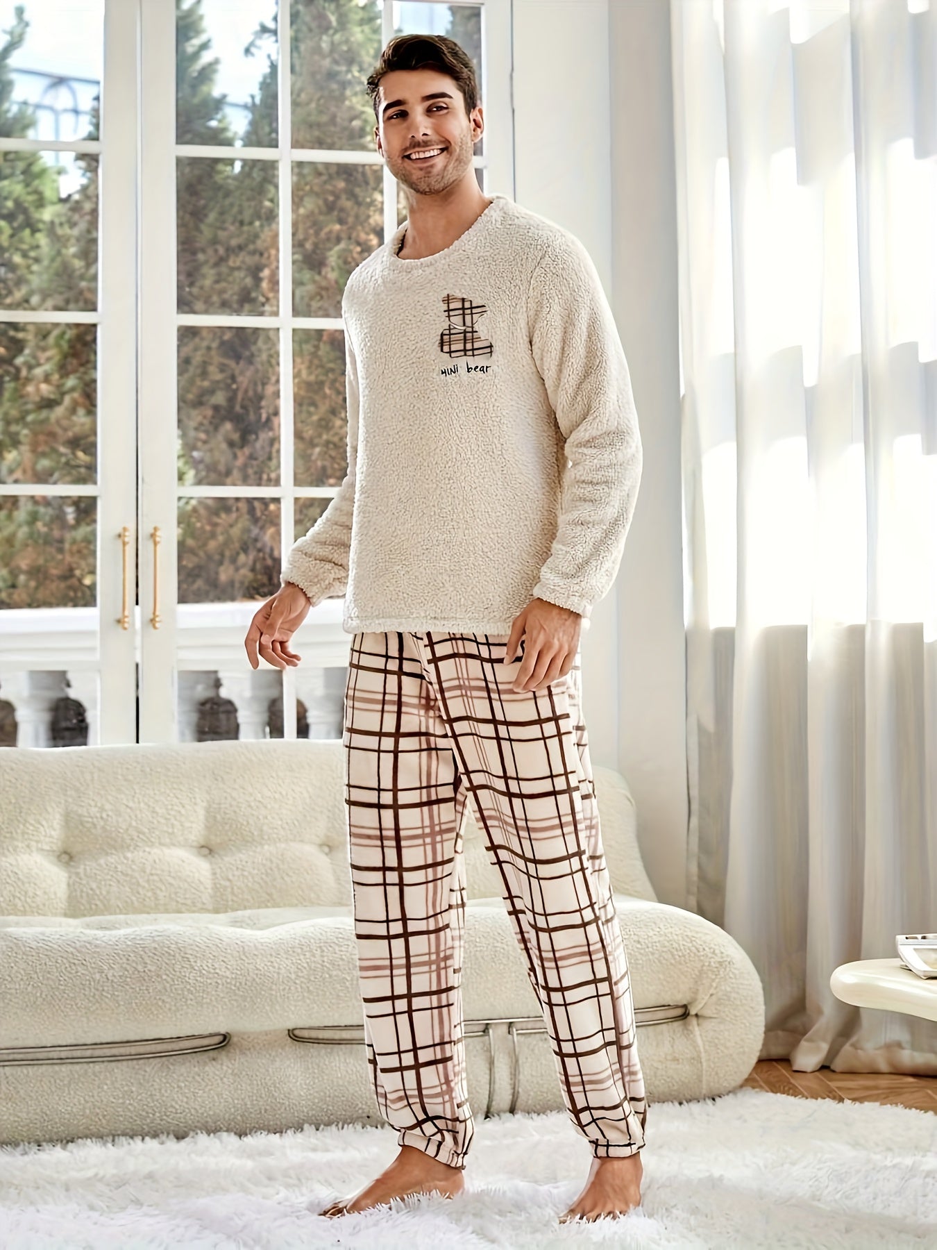 Checkered Pattern Couple Style Autumn Winter Plush Set, Long Sleeve and Pants for Men or Women.