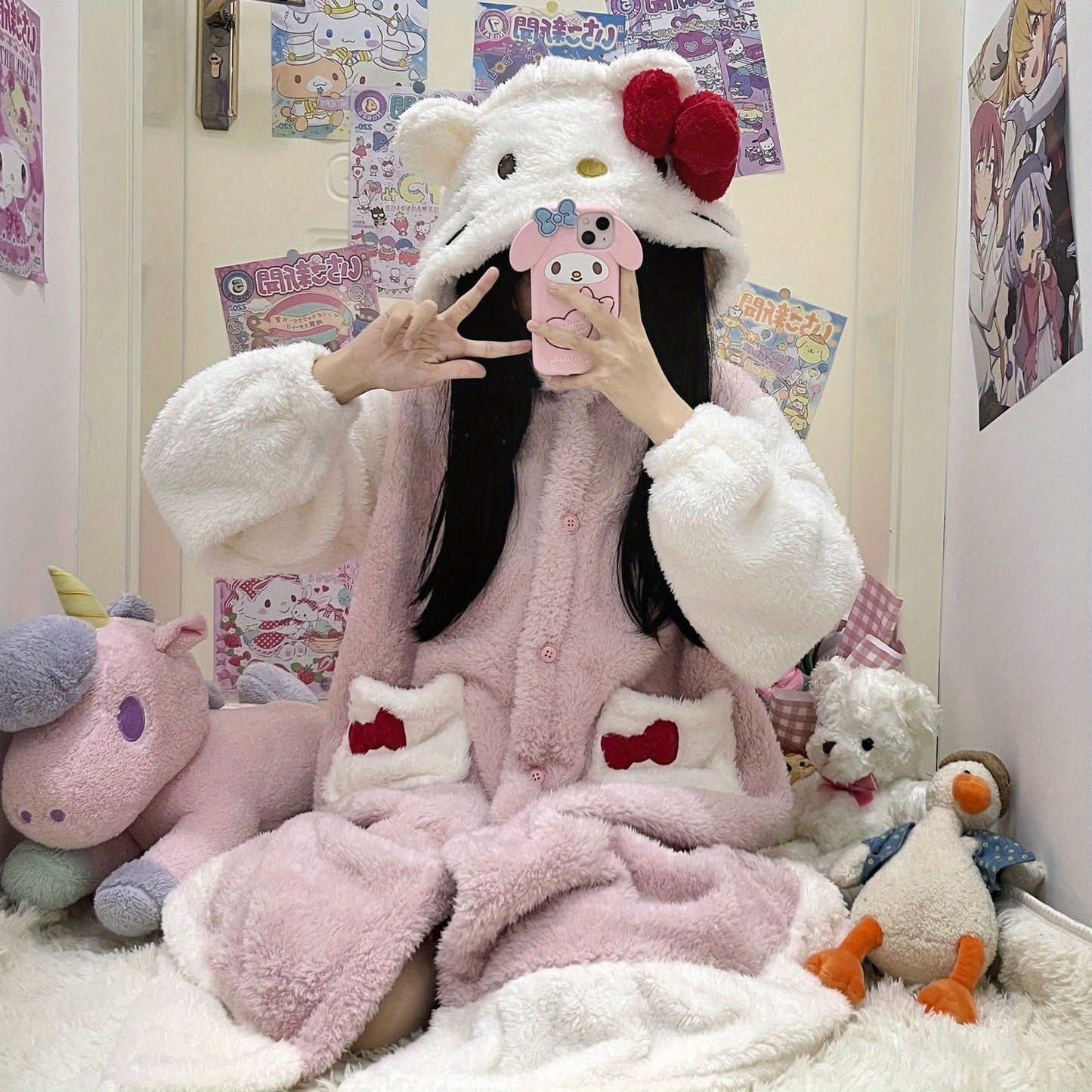 Mother's Day Gift Sanrio New Hello Kitty Women's Autumn Winter Warm Pink Coral Fleece Home Robe.