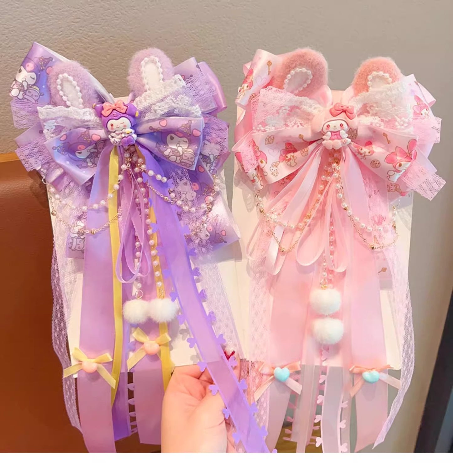 Sanrio Pink Bow Hair Clip with Long Ribbons, My Melody Princess Hair Accessory