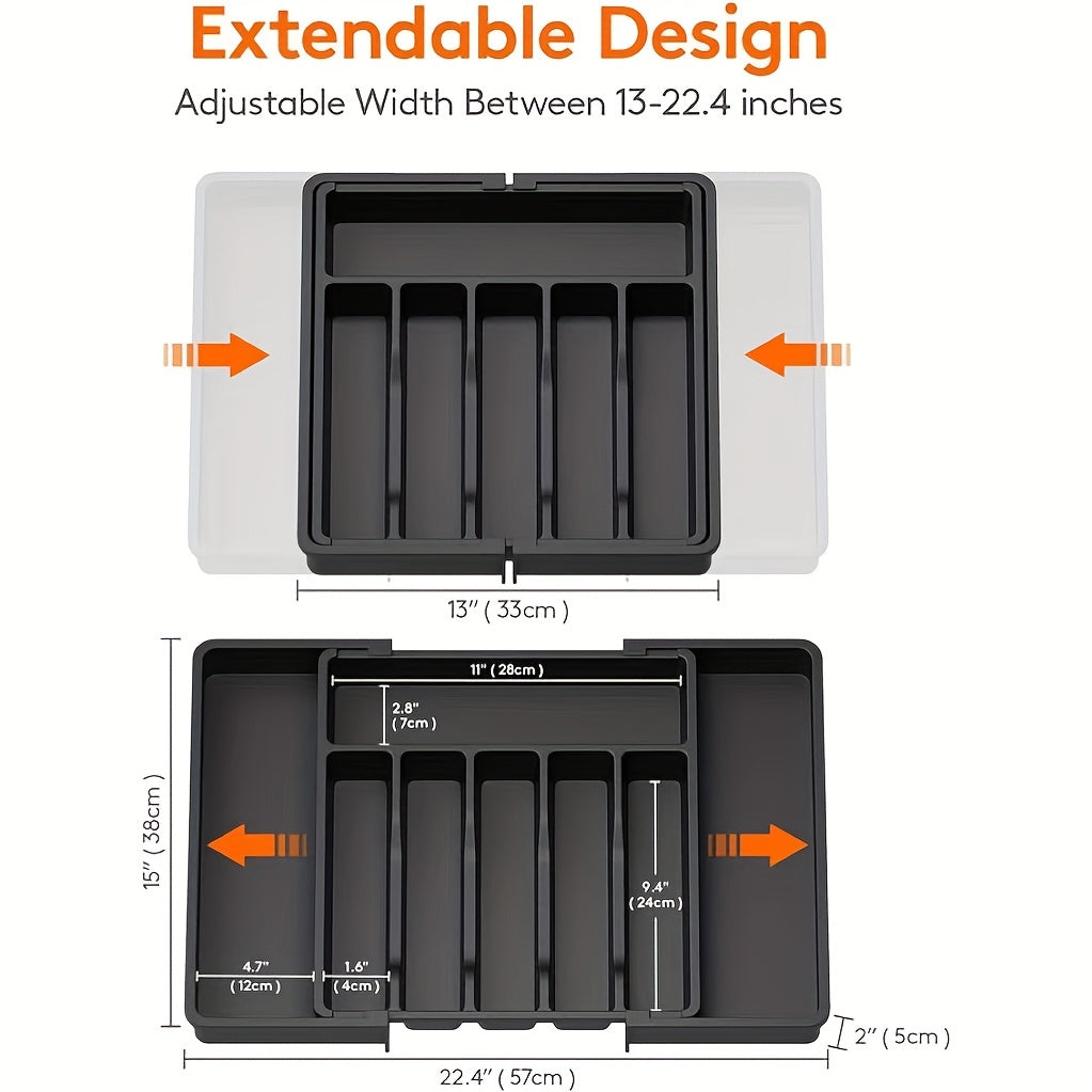 1pc Expandable Kitchen Drawer Organizer for Silverware, Adjustable Plastic Utensil Holder for Spoons, Forks, Knives - Large Capacity Storage Box, Kitchen Drawer Organizer|Sleek Black Finish|Durable Plastic Construction, Utens