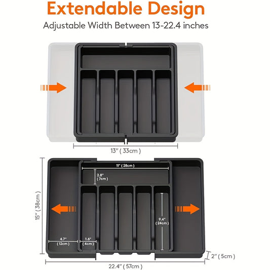 1pc Expandable Kitchen Drawer Organizer for Silverware, Adjustable Plastic Utensil Holder for Spoons, Forks, Knives - Large Capacity Storage Box, Kitchen Drawer Organizer|Sleek Black Finish|Durable Plastic Construction, Utens