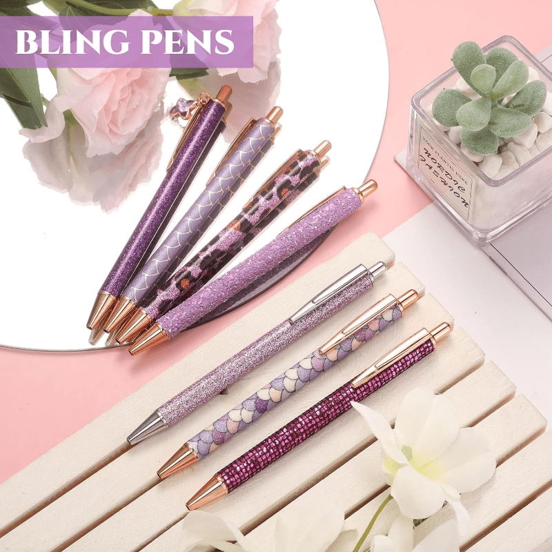 [5pcs Crystal Pens] 5pcs Metal Ballpoint Pens Set, Crystal Diamond Pen for Journaling | Glitter Stationery, Black Fancy Gifts for Teacher Office Wedding Back to School Christmas Graduation Supplies