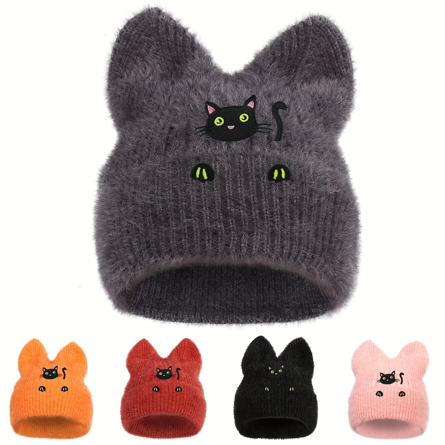 Black Cat Winter Knit Skull Cap with Cat Ears