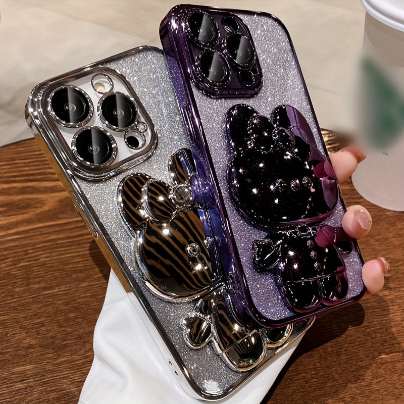 1 deluxe electroplated case for Apple iPhone 15/14/13/12/11Pro max, romantic - Cute bunny phone holder and hidden holder - shockproof ultra-thin protection, Easter - Valentine's Day gift